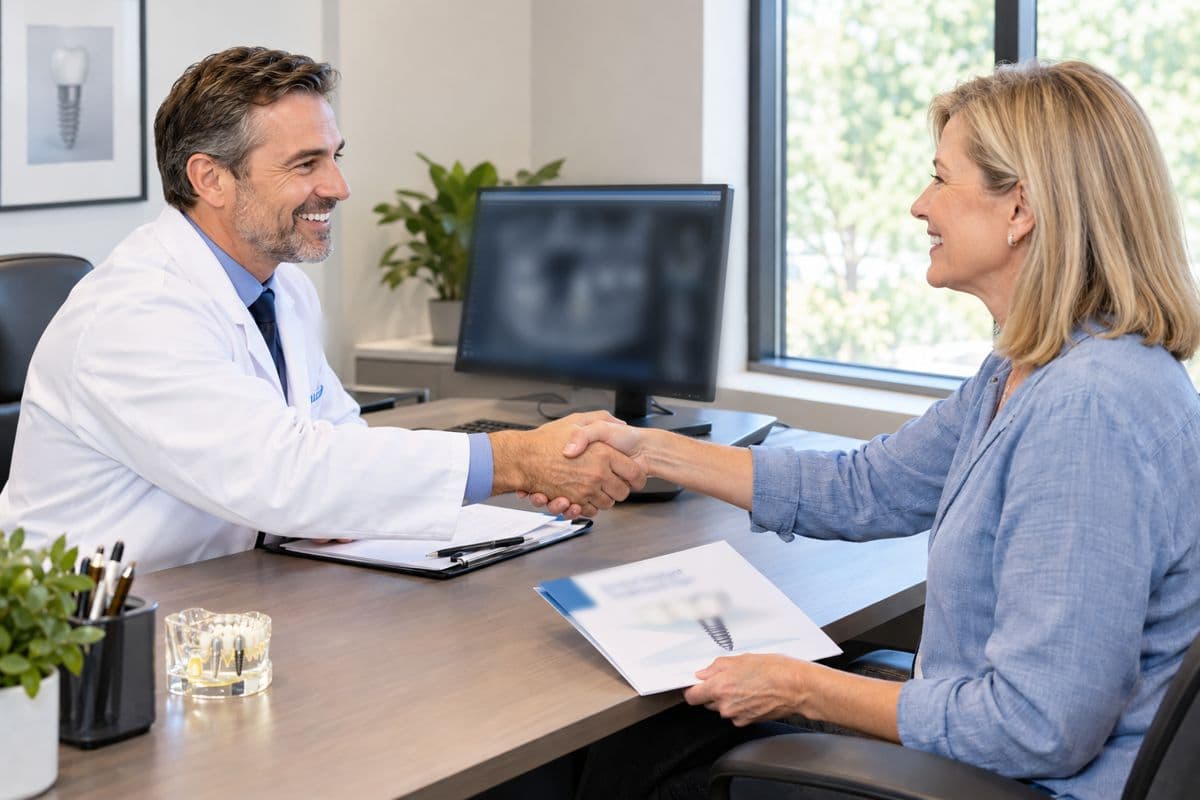 A dentist shaking hands with a patient after a full arch implant consultation